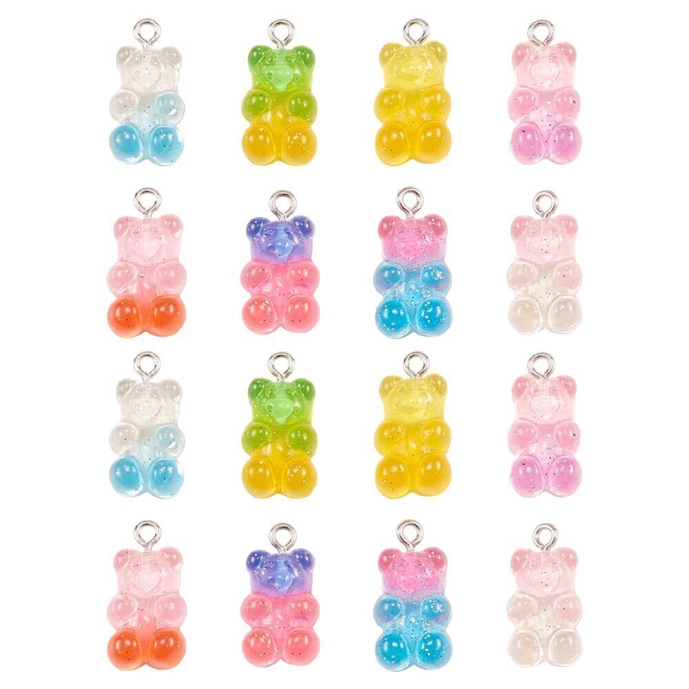 1865 160Pcs 8 Colors Transparent Bear Resin Charm Pendants with Glitter